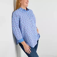 St. John's Bay Womens Plus Hidden Access Opening Y Neck Long Sleeve Cuffed Regular Fit Button-Down Shirt