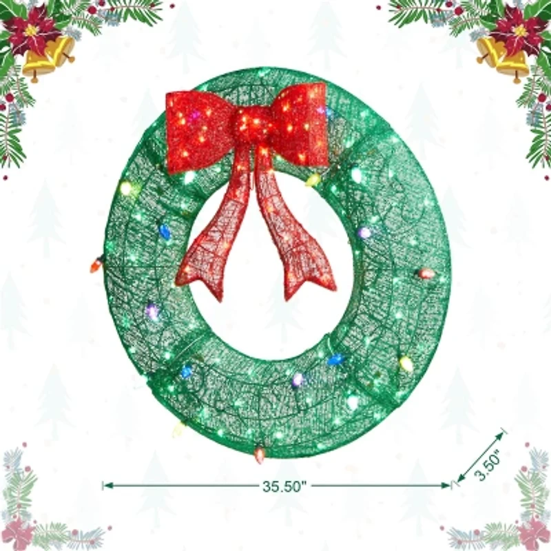 Glitzhome 35.5" Lighted Mesh Wreath Christmas Yard Art