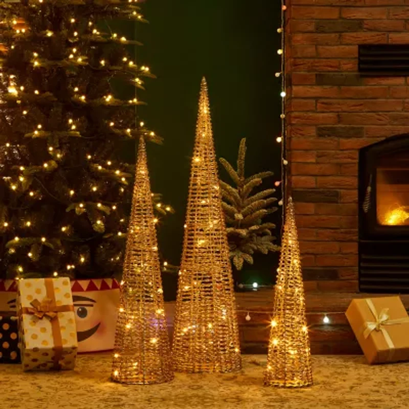 Glitzhome Lighted Plastic Gold Cone Tree Christmas Yard Art
