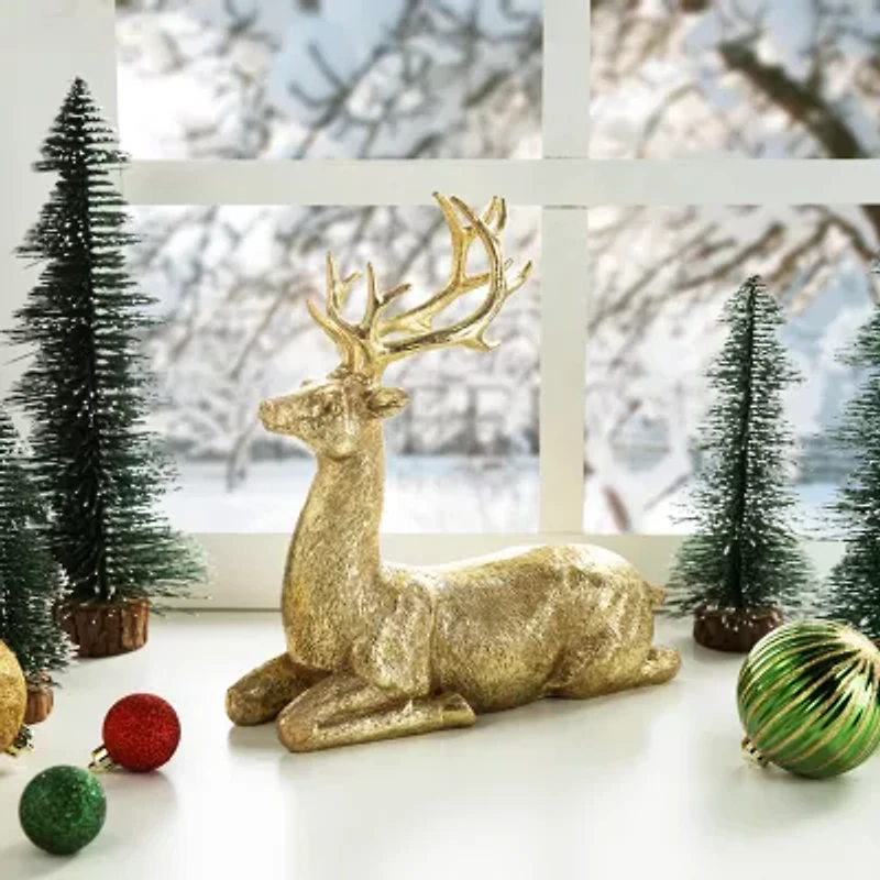 Glitzhome 11" Resin Lying Reindeer Christmas Tabletop Decor