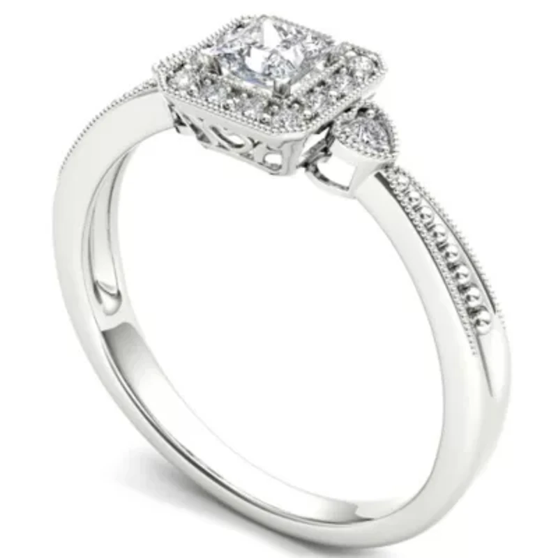 Womens 1/3 CT. T.W. Natural White Diamond 10K Gold Side Stone Halo Engagement Ring