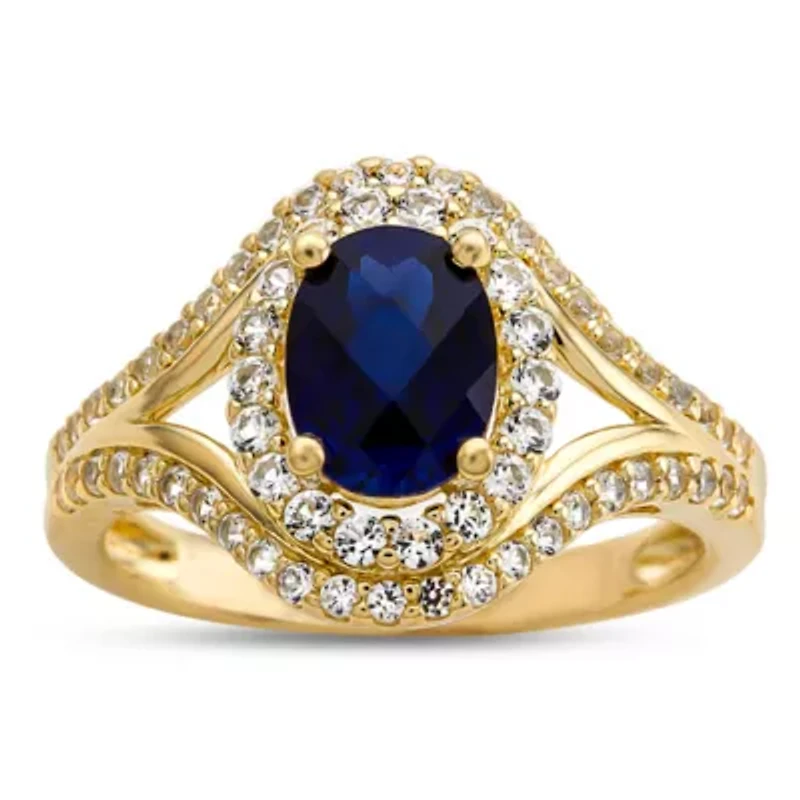 Womens Lab Created Blue Sapphire 14K Gold Over Silver Cocktail Ring