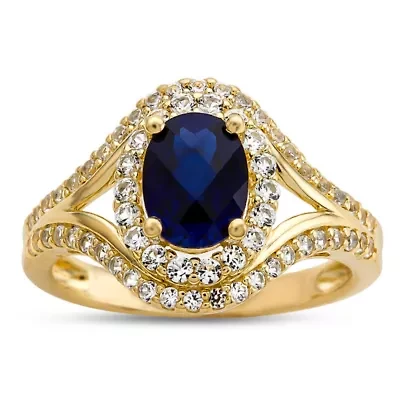 Womens Lab Created Blue Sapphire 14K Gold Over Silver Cocktail Ring