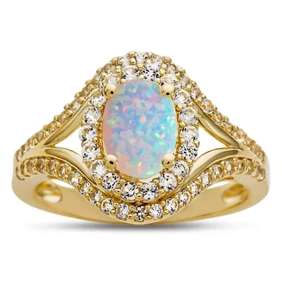 Womens Lab Created White Opal 14K Gold Over Silver Cocktail Ring