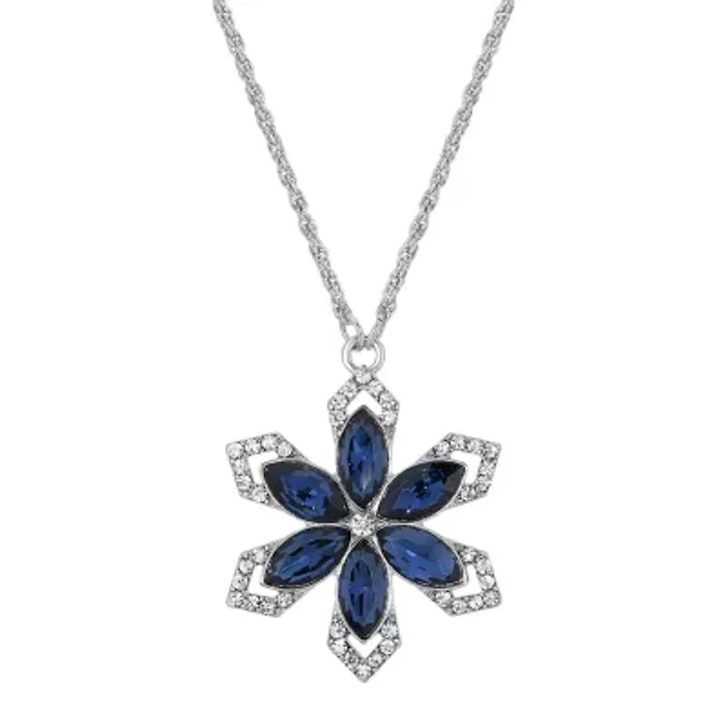 1928 Silver Tone Womens Blue Crystal Alloy Flower 16 Inch Pendant Necklace