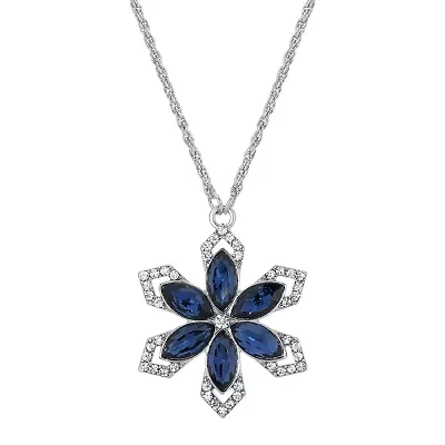 1928 Silver Tone Womens Blue Crystal Alloy Flower 16 Inch Pendant Necklace
