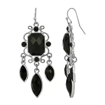 1928 Silver Tone Womens Black Chandelier Earrings