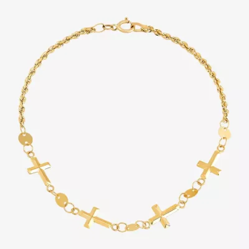 Womens 14K Gold Hollow Cross 7 Inch Link Bracelet
