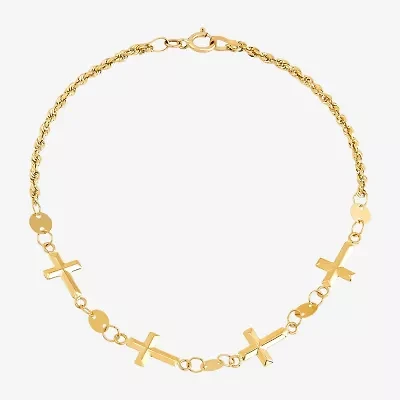 Womens 14K Gold Hollow Cross 7 Inch Link Bracelet