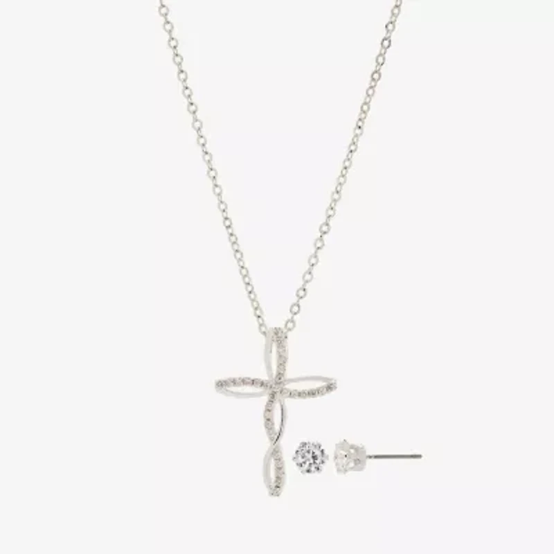 Sparkle Allure Womens 1 1/4 CT. T.W. Crystal Pure Silver Over Brass Cross 2-pc. Jewelry Set
