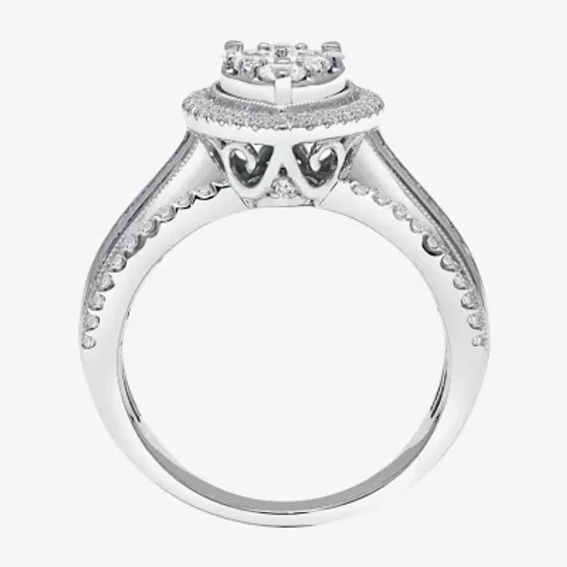 Womens 1 CT. T.W. Natural White Diamond 10K Gold Pear Side Stone Halo Engagement Ring