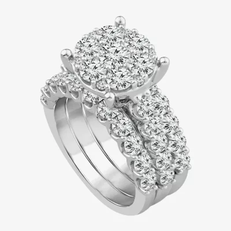 Round 4 CT.T.W. Natural Diamond Side Stone Bridal Set in 10K or 14K White Gold