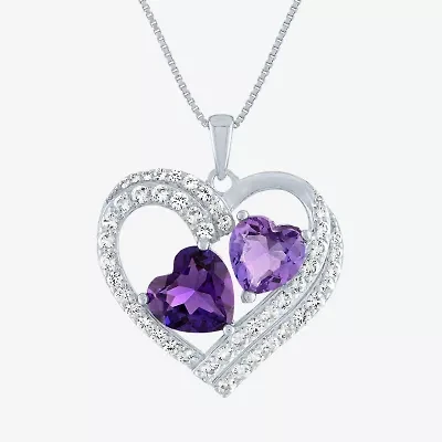 Womens Lab Created Amethyst or Ruby Sterling Silver Heart Pendant Necklace