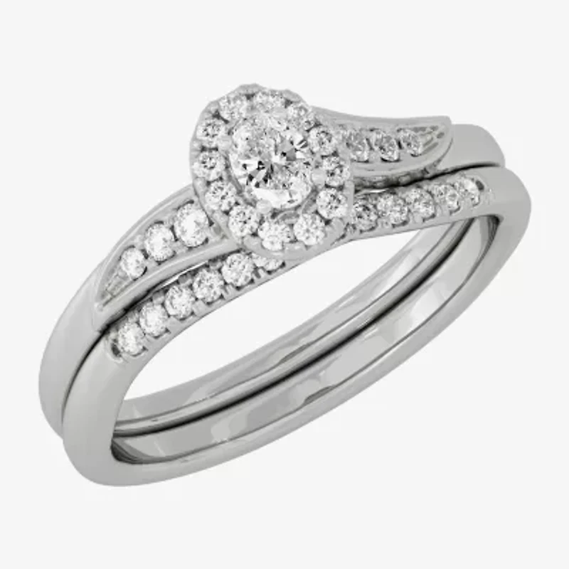 Womens 1/3 CT. T.W. Natural White Diamond 10K Gold Oval Side Stone Halo Bridal Set