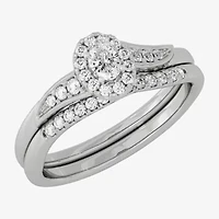 Womens 1/3 CT. T.W. Natural White Diamond 10K Gold Oval Side Stone Halo Bridal Set