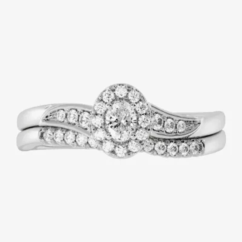 Womens 1/3 CT. T.W. Natural White Diamond 10K Gold Oval Side Stone Halo Bridal Set