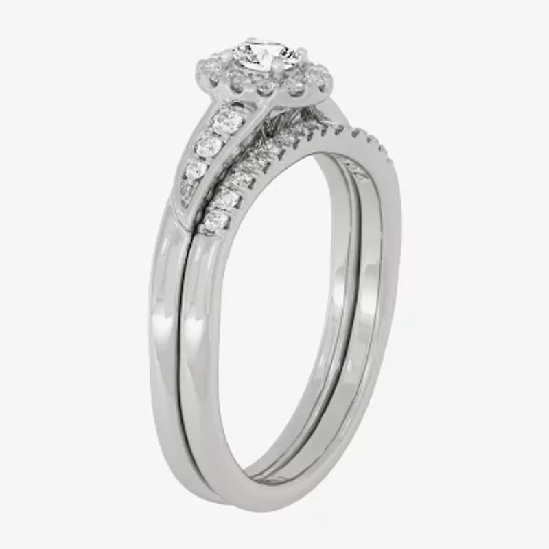 Womens 1/3 CT. T.W. Natural White Diamond 10K Gold Oval Side Stone Halo Bridal Set