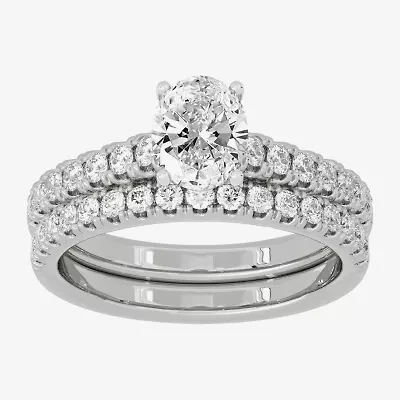 (H-I / Si1-Si2) Womens 1 1/2 CT. T.W. Lab Grown White Diamond 10K Gold Round Side Stone Halo Bridal Set