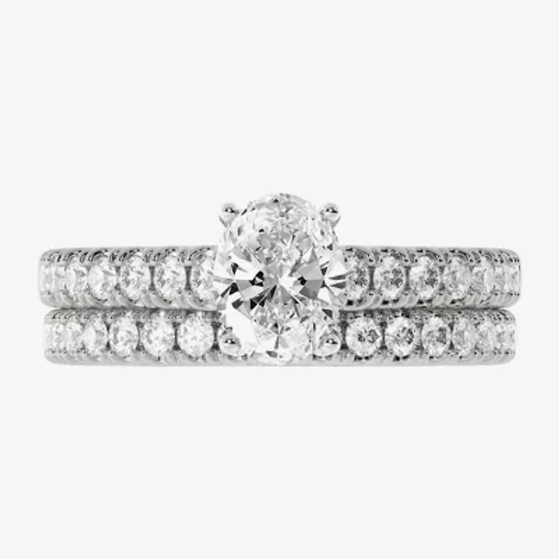 (H-I / Si1-Si2) Womens 1 1/2 CT. T.W. Lab Grown White Diamond 10K Gold Round Side Stone Halo Bridal Set