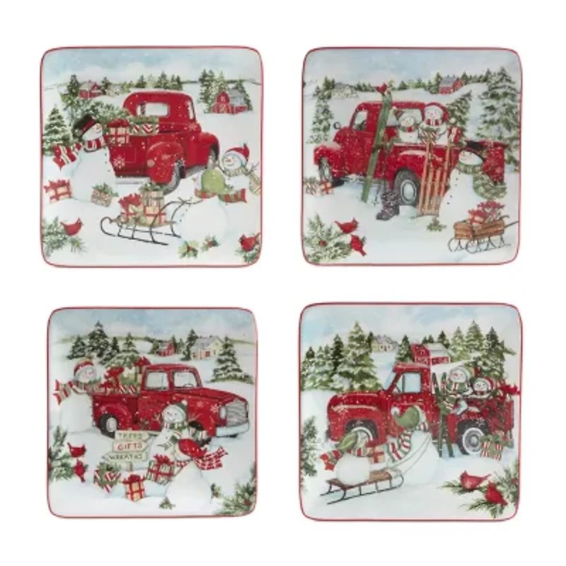 Certified International Red Truck Christmas 4-pc. Dessert Plate