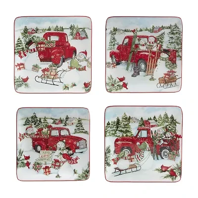 Certified International Red Truck Christmas 4-pc. Dessert Plate