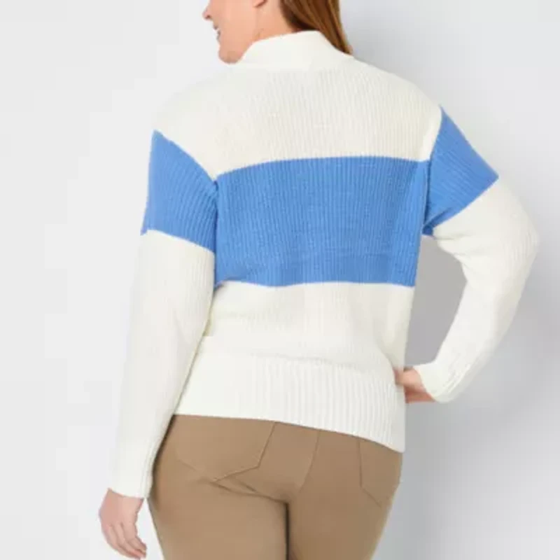 St. John's Bay Plus Womens Mock Neck Long Sleeve Striped Pullover Sweater