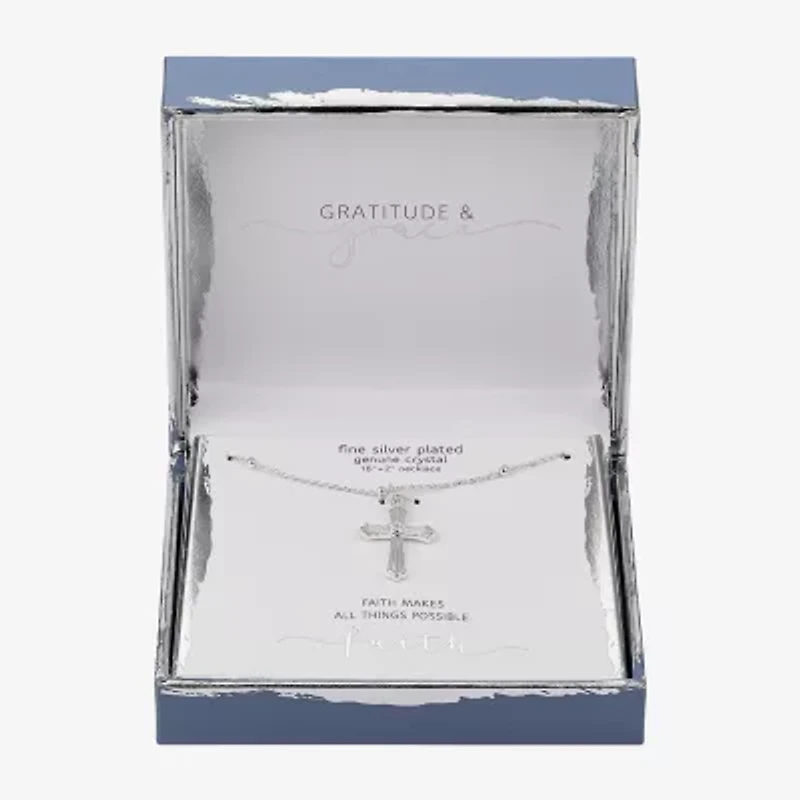 Gratitude & Grace Womens Cubic Zirconia Pure Silver Over Brass Cross 16 Inch Pendant Necklace