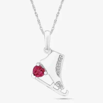 Ice Skate Womens Diamond Accent Lab Created Red Ruby Sterling Silver 18 Inch Pendant Necklace