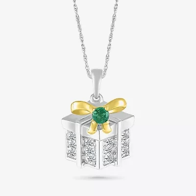 Christmas Present Womens Lab Created Green Emerald 10K Two Tone Gold Over Silver 18 Inch Pendant Necklace