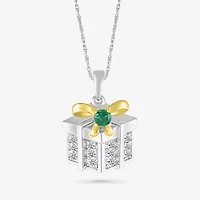Christmas Present Womens Lab Created Green Emerald 10K Two Tone Gold Over Silver 18 Inch Pendant Necklace