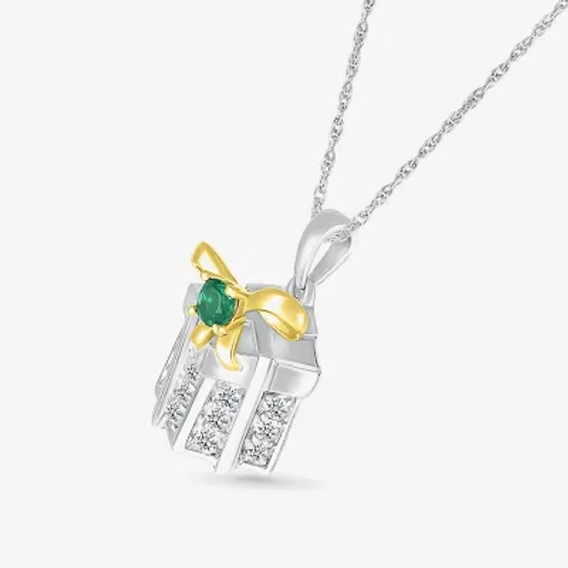 Christmas Present Womens Lab Created Green Emerald 10K Two Tone Gold Over Silver 18 Inch Pendant Necklace
