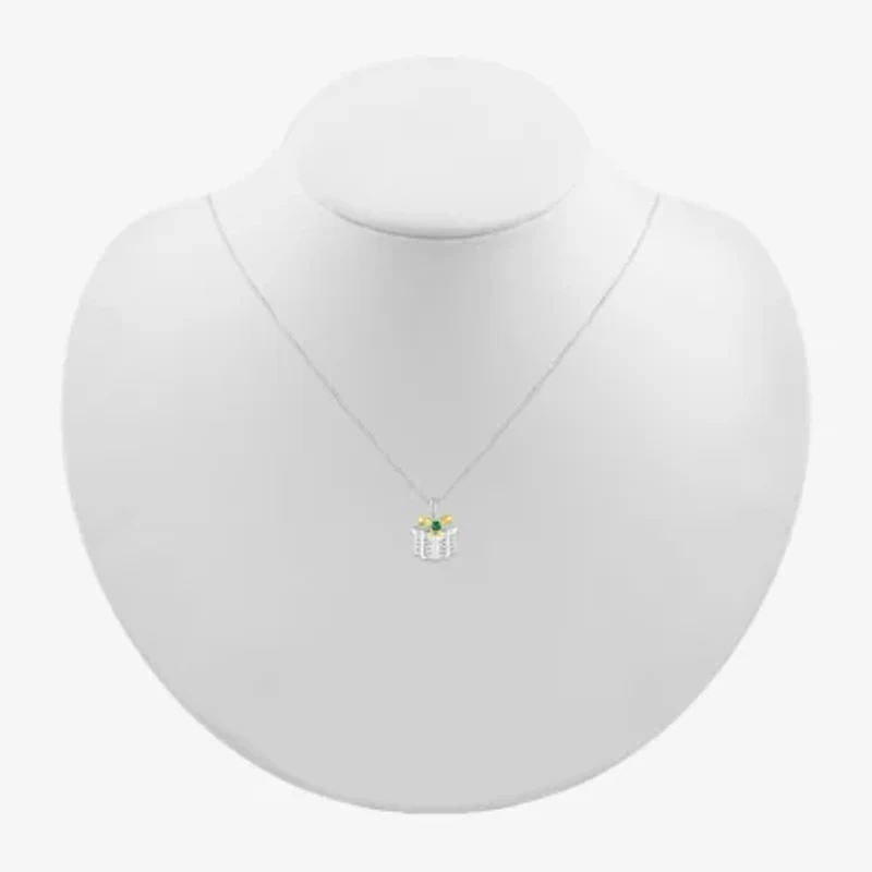 Christmas Present Womens Lab Created Green Emerald 10K Two Tone Gold Over Silver 18 Inch Pendant Necklace