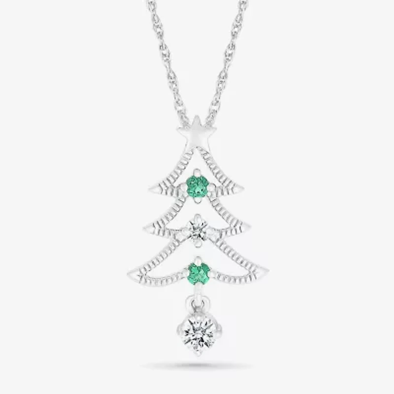 Christmas Tree Womens Lab Created Green Emerald Sterling Silver 18 Inch Pendant Necklace