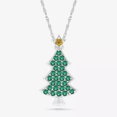 Christmas Tree Womens Lab Created Green Emerald Sterling Silver 18 Inch Pendant Necklace