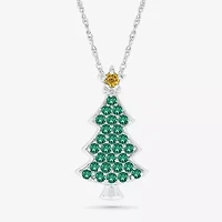 Christmas Tree Womens Lab Created Green Emerald Sterling Silver 18 Inch Pendant Necklace