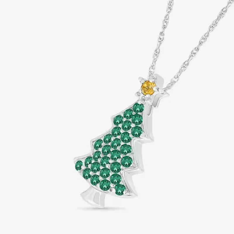 Christmas Tree Womens Lab Created Green Emerald Sterling Silver 18 Inch Pendant Necklace