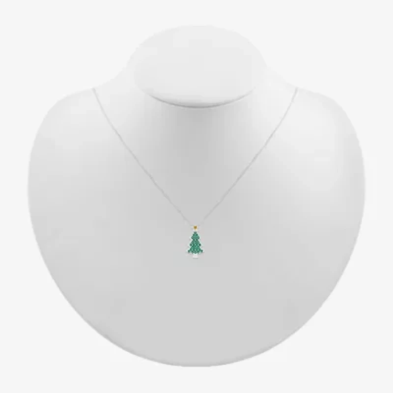 Christmas Tree Womens Lab Created Green Emerald Sterling Silver 18 Inch Pendant Necklace