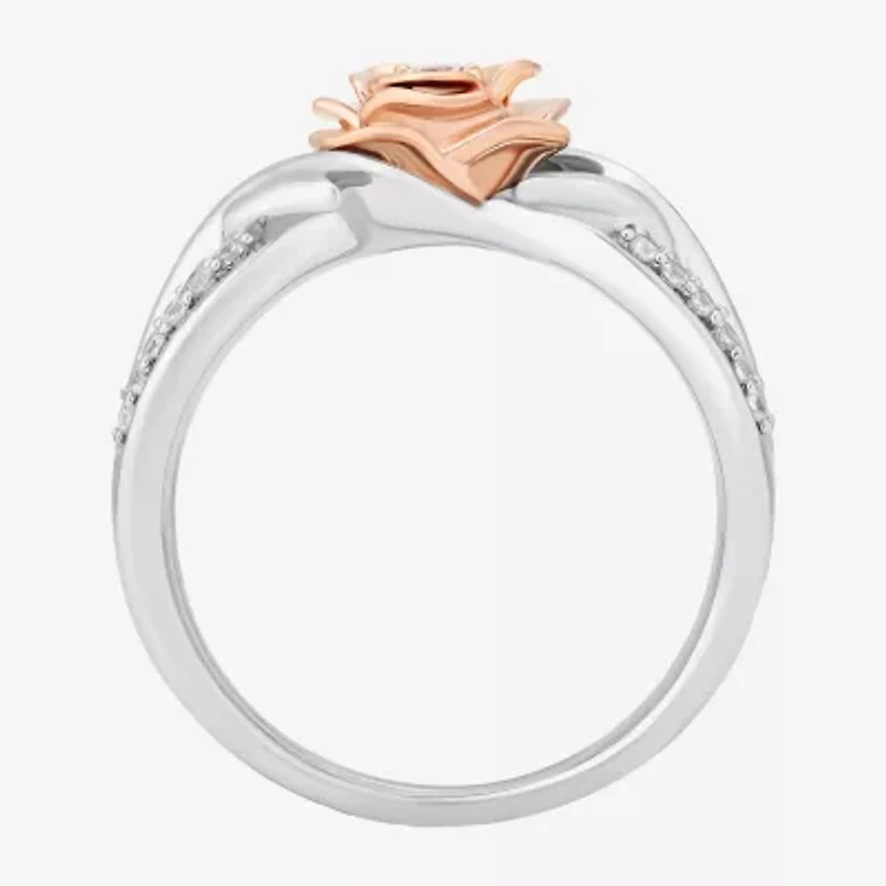 Enchanted Disney Fine Jewelry Belle(I, I2) Womens 1/4 CT. T.W. Lab Grown White Diamond 14K Rose Gold Over Silver Sterling Flower Beauty and the Beast Belle Cocktail Ring