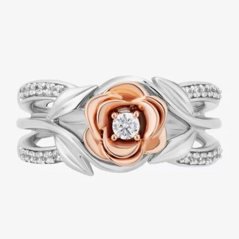 Enchanted Disney Fine Jewelry Belle(I, I2) Womens 1/4 CT. T.W. Lab Grown White Diamond 14K Rose Gold Over Silver Sterling Flower Beauty and the Beast Belle Cocktail Ring