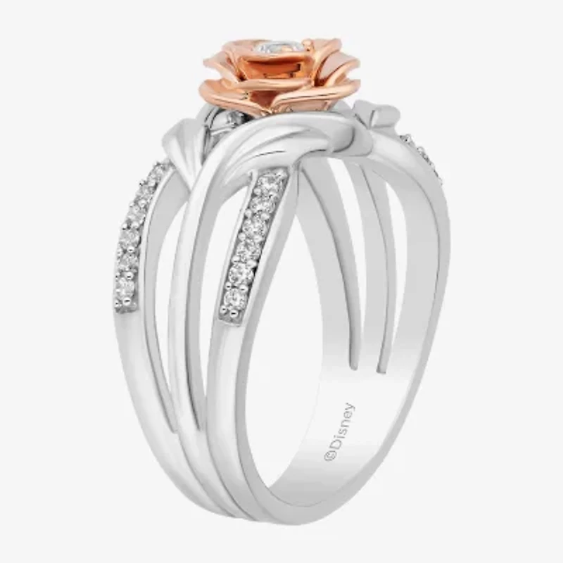 Enchanted Disney Fine Jewelry Belle(I, I2) Womens 1/4 CT. T.W. Lab Grown White Diamond 14K Rose Gold Over Silver Sterling Flower Beauty and the Beast Belle Cocktail Ring