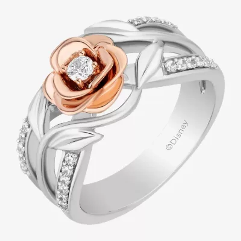 Enchanted Disney Fine Jewelry Belle(I, I2) Womens 1/4 CT. T.W. Lab Grown White Diamond 14K Rose Gold Over Silver Sterling Flower Beauty and the Beast Belle Cocktail Ring