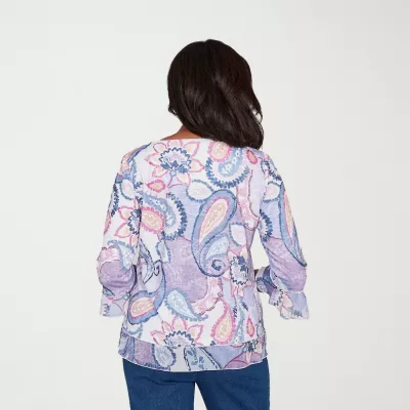 Alfred Dunner Hilton Head Womens Crew Neck 3/4 Sleeve T-Shirt