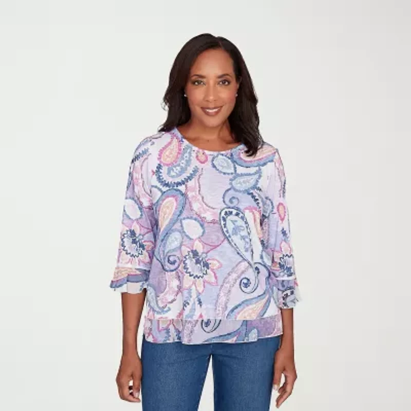 Alfred Dunner Hilton Head Womens Crew Neck 3/4 Sleeve T-Shirt