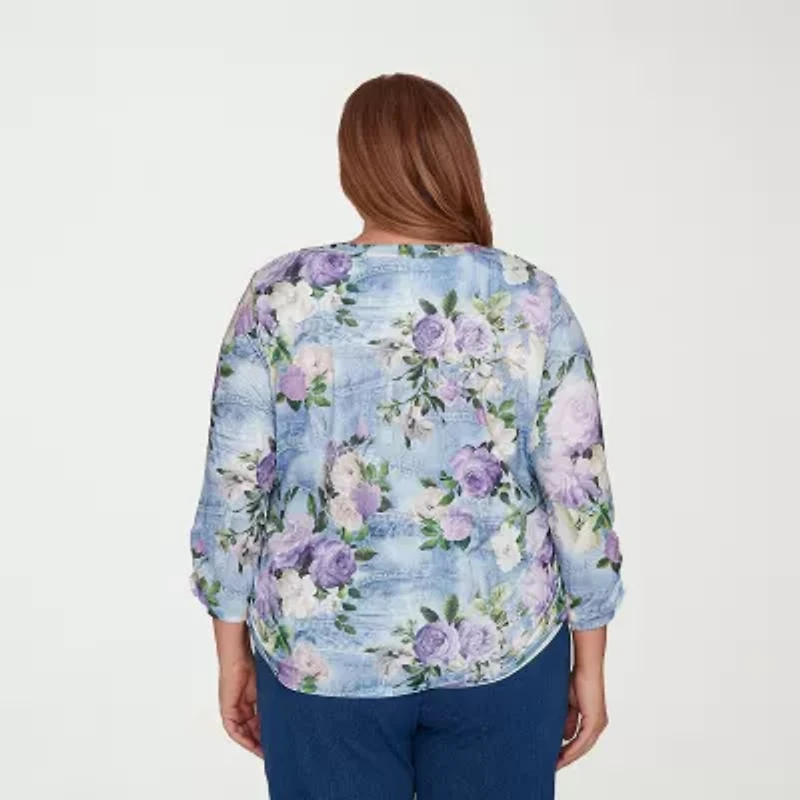 Alfred Dunner Hilton Head Womens Plus 3/4 Sleeve Henley Shirt