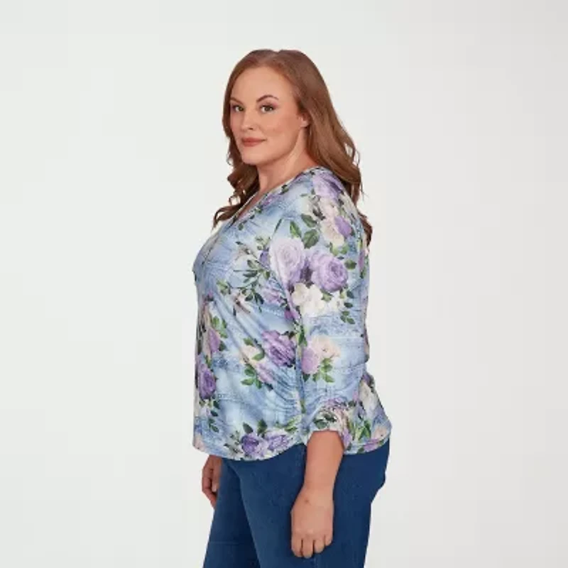 Alfred Dunner Hilton Head Womens Plus 3/4 Sleeve Henley Shirt