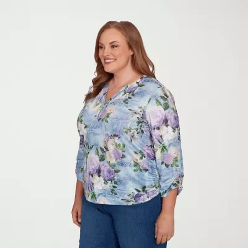 Alfred Dunner Hilton Head Womens Plus 3/4 Sleeve Henley Shirt