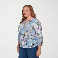 Alfred Dunner Hilton Head Womens Plus 3/4 Sleeve Henley Shirt