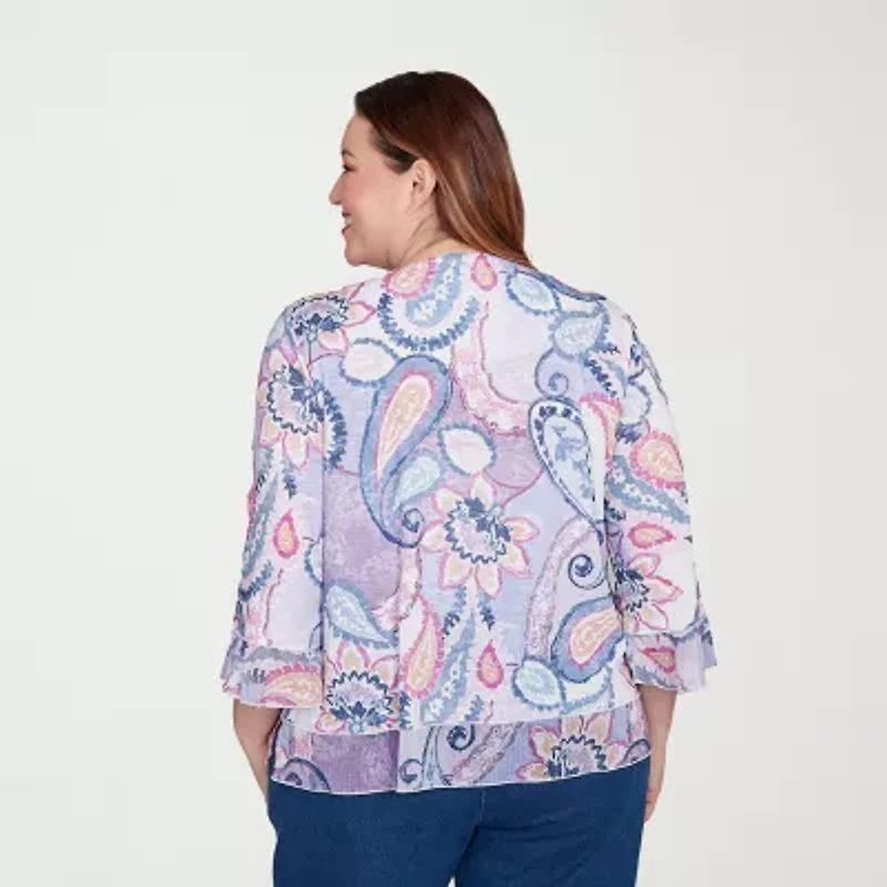 Alfred Dunner Hilton Head Womens Plus Crew Neck 3/4 Sleeve T-Shirt