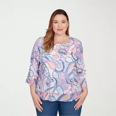 Alfred Dunner Hilton Head Womens Plus Crew Neck 3/4 Sleeve T-Shirt