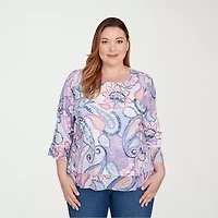 Alfred Dunner Hilton Head Womens Plus Crew Neck 3/4 Sleeve T-Shirt